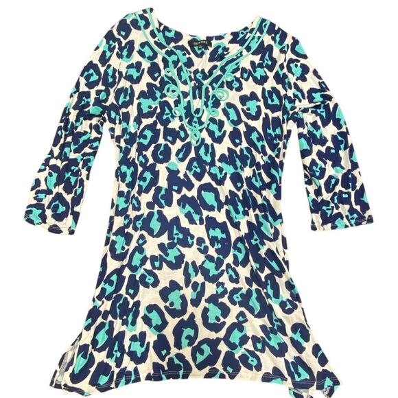 Ellen Tracy Blue Leopard Print Tunic Top Size L – Boho 3/4 Sleeve Blouse - Picture 1 of 7